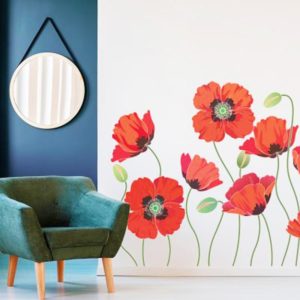 Room Decorating with Floral Wallpaper and Red Poppy Flower Designs