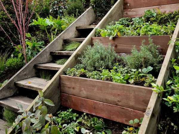 Wooden Outdoor Stairs and Landscaping Steps on Slope, Natural