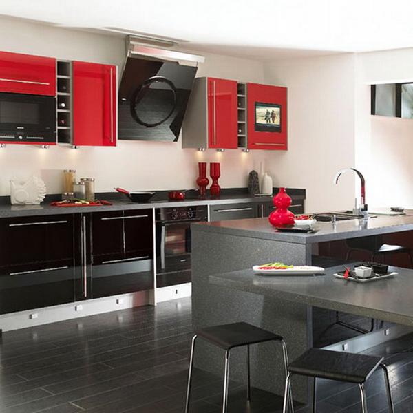 red and black and white small kitchen
