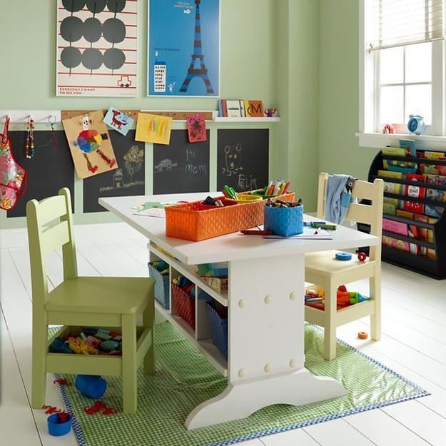 School Age Kids Room Design With Student Desks And Bright Decorating