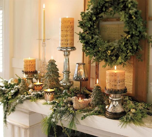 Festive Fireplace Mantels Decorated with Christmas Lights and Candles