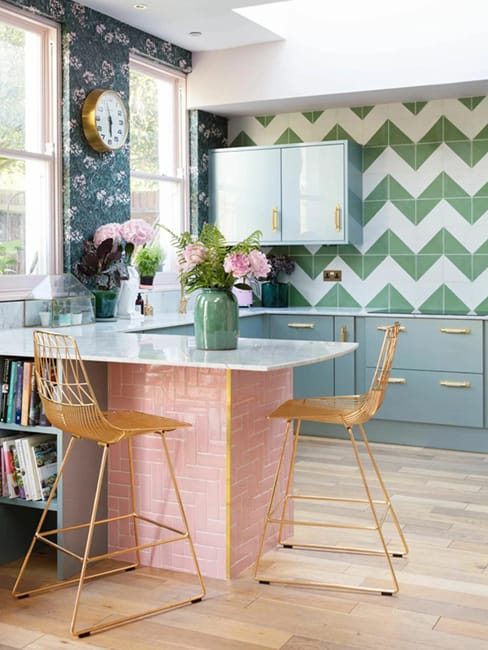 small kitchen design pink green colors