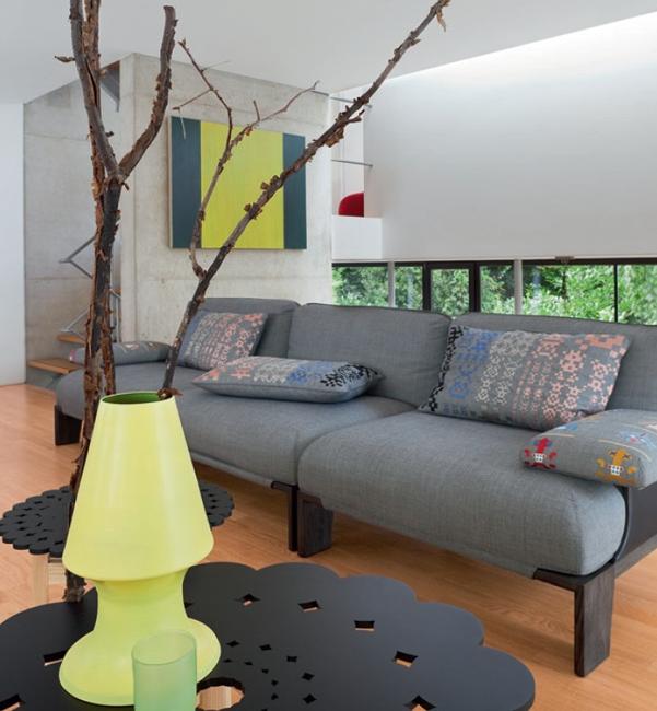 contemporary sofa yellow vase branches