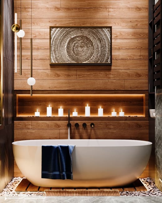 modern bathtub wooden walls candles